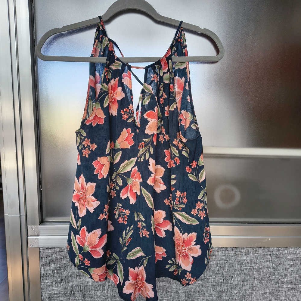 Lush Floral Sleeveless Top - Navy and Coral